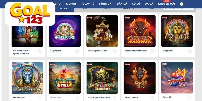 Banner Goal123 quảng bá game Play'n GO Slots, với hình ảnh các biểu tượng game nổi bật