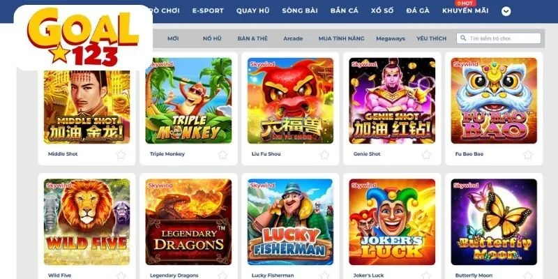 Banner quảng bá game Skywind Slots tại Goal123, minh họa các tựa game nổi bật